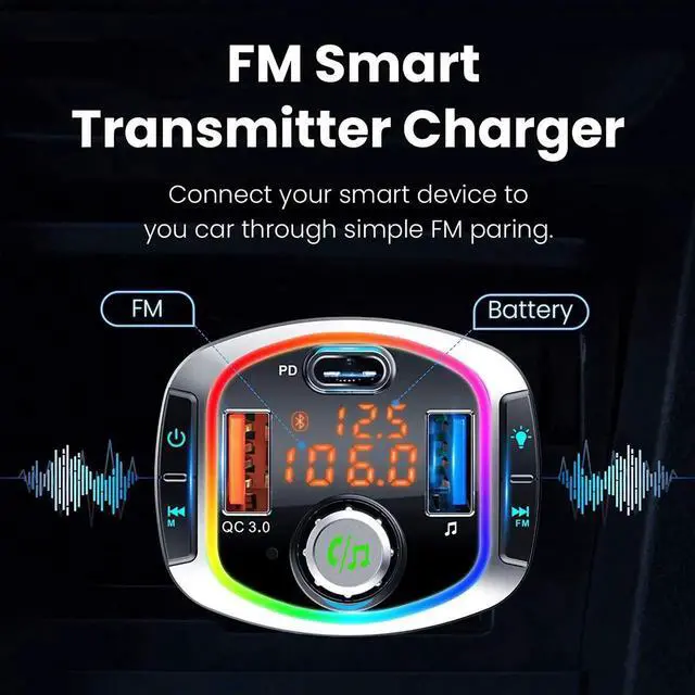 Alt view image 3 of 7 - BC63 Bluetooth 5.0 FM Transmitter for Car, Car Charger Adapter, Quick Charging QC3.0+USB-C Car Charger,7 LED Backlit Support USB Drive/Micro SD/AUX/Bass Boost/Hands-Free Call