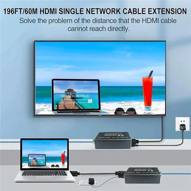 Alt view image 7 of 7 - 196ft/60m HDMI Extender (Tx + Rx) Via Single RJ45 Cat5e/6 Ethernet Cable Transmit Support 1080p - HDMI Transmitter Receiver Set