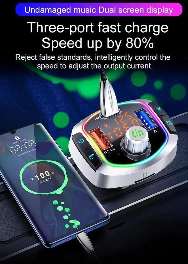 Alt view image 5 of 7 - SmartCharge BC63 Bluetooth 5.0 FM Transmitter with 7 LED Backlit, QC3.0+USB-C, Wireless Audio Adapter and Receiver, Car Charger Bluetooth FM Transmitter for Car