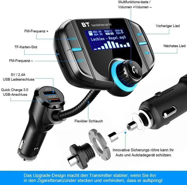 Alt view image 2 of 7 - Bluetooth FM Transmitter Car MP3 Player Hands-Free Car Kit Wireless Radio Audio Adapter with Dual USB QC3.0/2.4A USB Port, U Disk, TF Card, Folder Playback, AUX Input Output