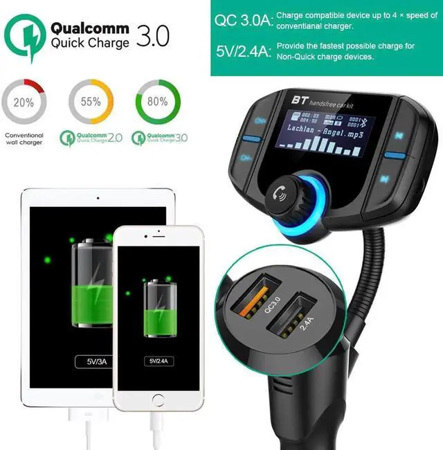 Alt view image 6 of 7 - Bluetooth FM Transmitter Car MP3 Player Hands-Free Car Kit Wireless Radio Audio Adapter with Dual USB QC3.0/2.4A USB Port, U Disk, TF Card, Folder Playback, AUX Input Output