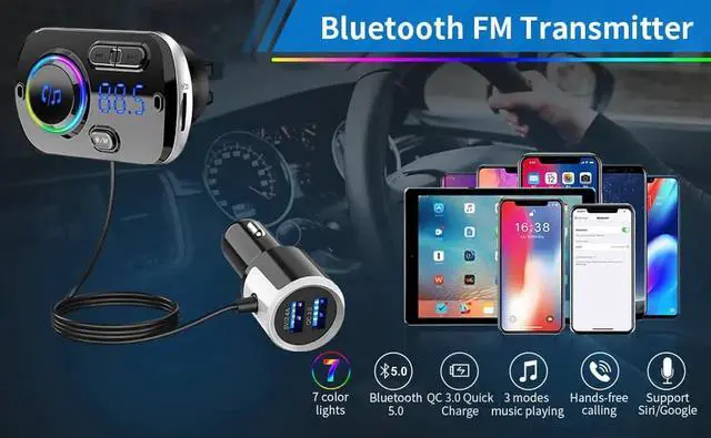 Alt view image 2 of 7 - Bluetooth FM Transmitter Car Adapter,Support Wireless Handsfree Call and MP3 Music/APP Audio Play,7 Colors LED Backlit,QC3.0 Dual USB Charger,3.5mm AUX Port for iPhone,iPad,Samsung and More