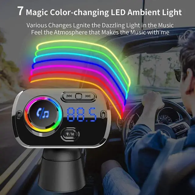 Alt view image 3 of 7 - Bluetooth FM Transmitter Car Adapter,Support Wireless Handsfree Call and MP3 Music/APP Audio Play,7 Colors LED Backlit,QC3.0 Dual USB Charger,3.5mm AUX Port for iPhone,iPad,Samsung and More