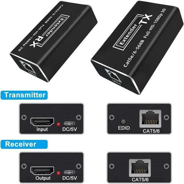 Alt view image 7 of 7 - HDMI Extender 1080p@60Hz, 3D,POC, Over Single Cat5e/Cat6 Cable Full HD Uncompressed Transmit Up to 196 Ft(60m), (Transmitter and Receiver)