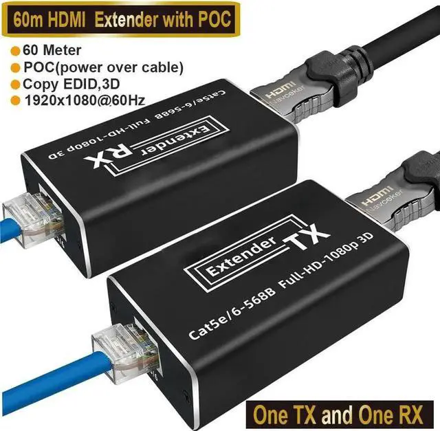 Main image of HDMI Extender 1080p@60Hz, 3D,POC, Over Single Cat5e/Cat6 Cable Full HD Uncompressed Transmit Up to 196 Ft(60m), (Transmitter and Receiver)