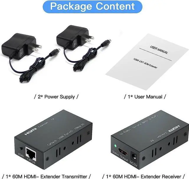 Alt view image 7 of 7 - HDMI Extender 1080p@60Hz, 3D, Over Single Cat5/Cat6 Cable Full HD Uncompressed Transmit Up to 196 Ft(60m), EDID Function Supported (Transmitter and Receiver)
