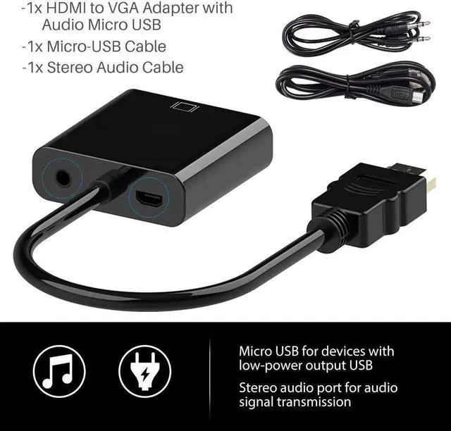Alt view image 6 of 7 - HDMI to VGA Converter, Gold-Plated HDMI to VGA Adapter (Male to Female) with 3.5mm Audio Port & Micro USB Charging Port for Computer, Desktop, Laptop, PC, Monitor, Projector, HDTV - Black