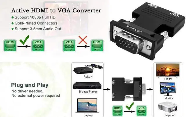 Alt view image 3 of 7 - Active 1080P HDMI Female to VGA Male Adapter Converter with 3.5 mm Stereo Audio Convert your Monitor and Projector for Laptop PC PS3 Xbox Blu-ray DVD TV Stick