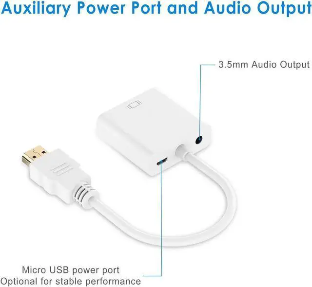 Alt view image 7 of 7 - HDMI to VGA Converter, Gold-Plated HDMI to VGA Adapter (Male to Female) with 3.5mm Audio Port & Micro USB Charging Port for Computer, Desktop, Laptop, PC, Monitor, Projector, HDTV - White