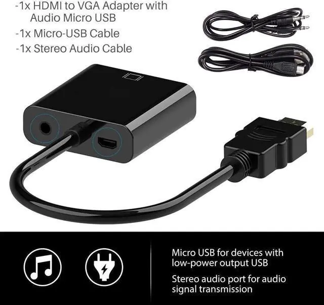 Alt view image 5 of 7 - HDMI to VGA Converter, Gold-Plated HDMI to VGA Adapter (Male to Female) with 3.5mm Audio Port & Micro USB Charging Port for Computer, Desktop, Laptop, PC, Monitor, Projector, HDTV - White Black