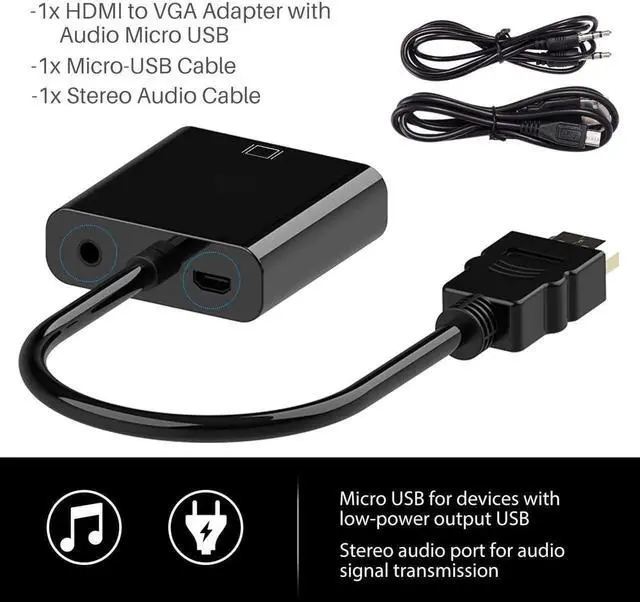 Alt view image 4 of 7 - HDMI to VGA Adapter (HDMI to VGA Converter) with 3.5mm Audio Port & Micro USB Charging Port - For Computer, Desktop, Laptop, PC, Monitor, Projector, HDTV, Chromebook, Raspberry Pi - Black