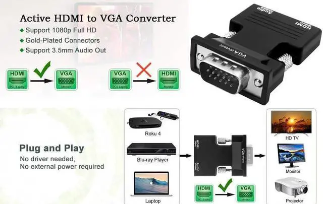 Alt view image 7 of 7 - Female HDMI to VGA Male Converter Adapter for for TVs, Speakers, Computers, Laptops, Gaming Consoles, Notebooks, Blu-ray DVD Players & More
