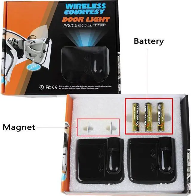 Alt view image 4 of 7 - Car Door Projector Lights 2 Pcs Wireless Led Car Lights With Magnet Sensor Auto Courtesy Welcome Logo Shadow Lamp Battery Operated 6AAA included(Batman)