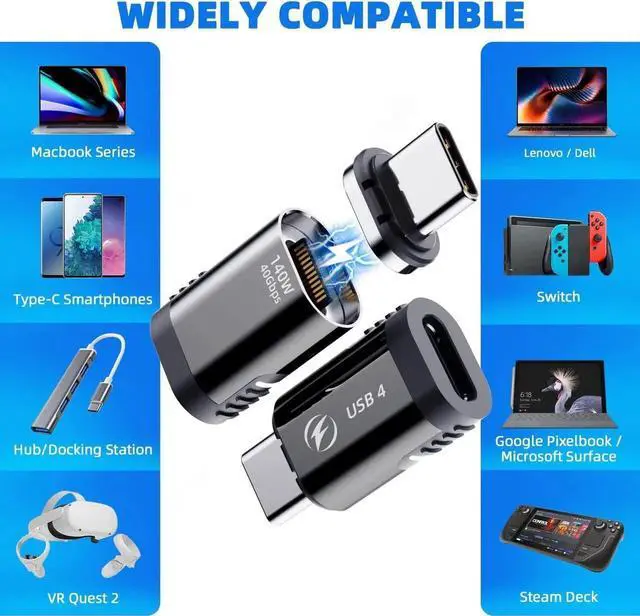 Alt view image 5 of 7 - USB-C Adapter 2 Pack,Detachable USB C Adapter 140W 180 Degree Magnetic USB C Extender, Compatible with Thunderbolt 3/4 USB4 40Gbps 8K 60Hz MacBook Pro/Air Laptop PC
