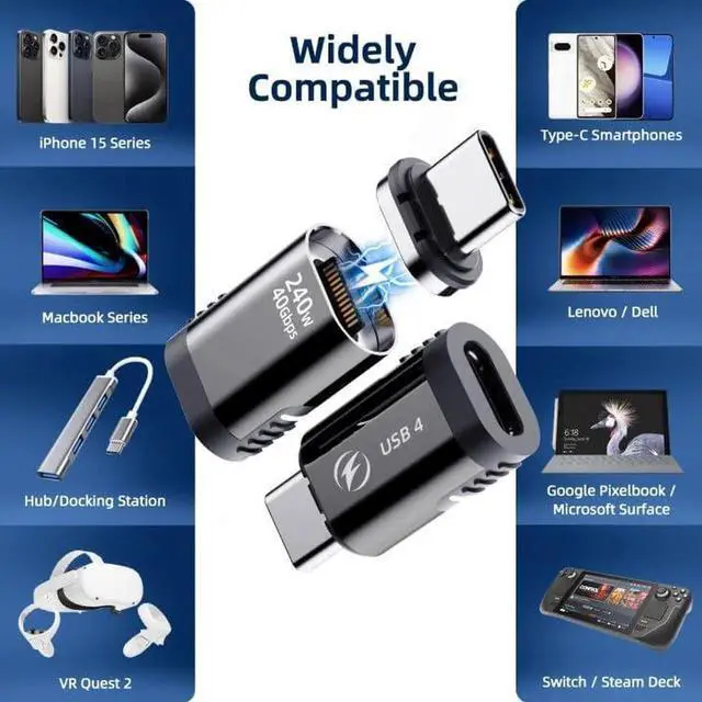 Alt view image 2 of 7 - 240W USB C Magnetic Adapter 2Pack, 24Pins USB C 180 Degree Adapter with USB4 40Gbps 8K 60Hz Video for Thunderbolt 3/4 MacBook Pro/Air, Tablet, Laptop, iPhone 15/16 Pro/16 Plus/16 Pro Max