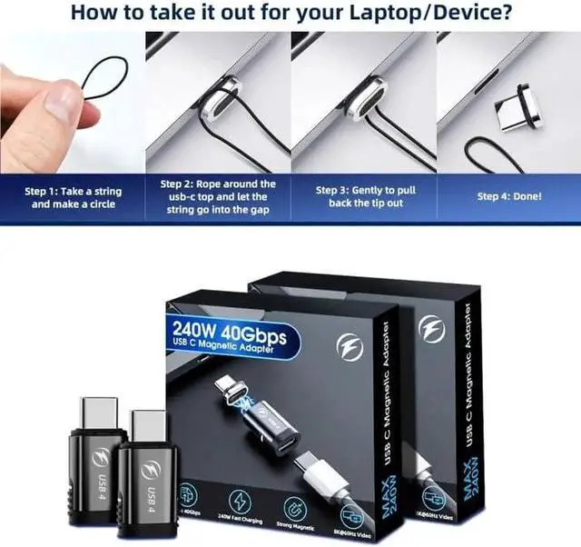 Alt view image 6 of 7 - 240W Magnetic USB C Adapter 2Pack, 180 Degree USB C Magnetic Adapter 40Gbps Magnetic Adapter Support 8K@60Hz Video Display for Thunderboard 4/3 MacBook Pro/Air and More Type C Devices