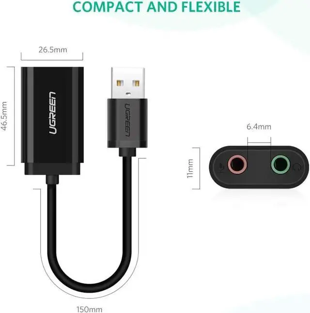 Alt view image 4 of 7 - USB Sound Card Audio Adapter, [24-Bit 96KHz Chip ] USB Headset Headphone Microphone Adapter, External USB to 3.5mm TRS 3-Pin Mic/Audio Splitter Jack, Stereo Sound (Black)