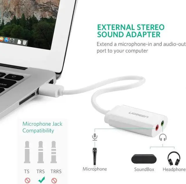 Alt view image 6 of 7 - USB Sound Card, 3.5mm Sound Card External USB Audio Adapter, External Stereo Sound Adapter Compatible with PC Windows,MAC, Linux, Laptops, Desktops, PS5. Plug and Play No Drivers Needed, White