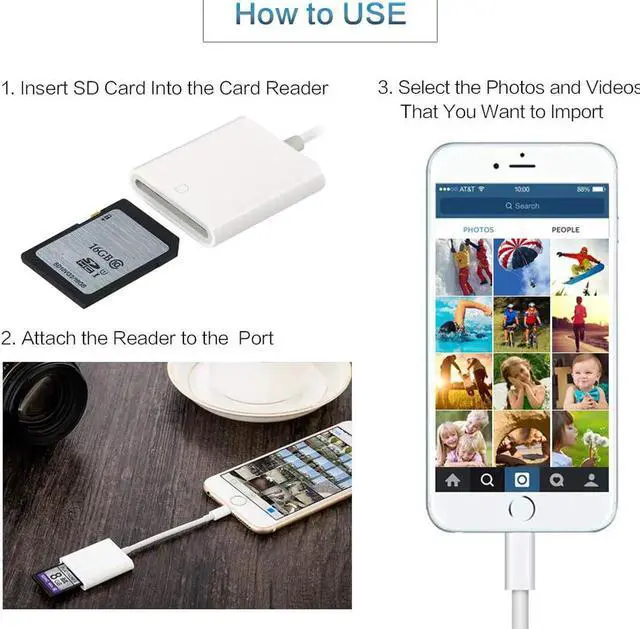 Alt view image 4 of 7 - SD Card Reader iPhone iPad, Lightning to SD Card Reader Trail Game Camera Adapter Compatible iPhone Xs Max/Xs//Xr/X/8/8 Plus/7/7 Plus/6/6s/iPad Mini/Air/Pro - Support iOS 9.2 up