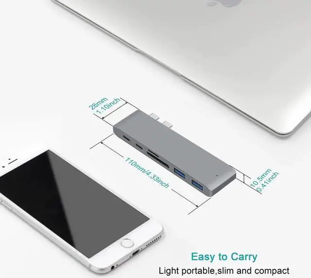 Alt view image 3 of 7 - USB C Hub, 6 in 1 Type C Adapter, Compatible with MacBook air 2016/2017/2018,Apple MacBook Pro 2018, 2017, 2016, 40Gbps, 2 USB 3.0 Ports, 1 USB 3.1 Port, SD/Micro Card Reader - Gray