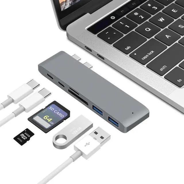 Main image of USB C Hub, 6 in 1 Type C Adapter, Compatible with MacBook air 2016/2017/2018,Apple MacBook Pro 2018, 2017, 2016, 40Gbps, 2 USB 3.0 Ports, 1 USB 3.1 Port, SD/Micro Card Reader - Gray