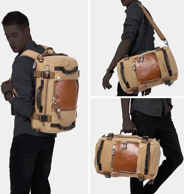 Alt view image 6 of 6 - KAKA Men Travel Backpack Canvas Rucksack Vintage Duffel Bag Backpack Travel Bag Hiking Bag Camping Bag Rucksack A0208, Khaki