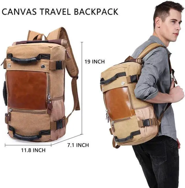 Alt view image 4 of 6 - KAKA Men Travel Backpack Canvas Rucksack Vintage Duffel Bag Backpack Travel Bag Hiking Bag Camping Bag Rucksack A0208, Khaki