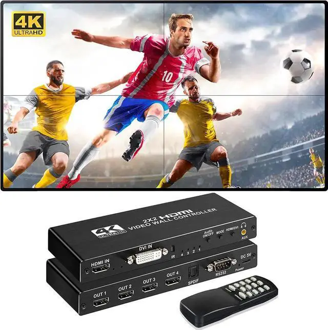 Main image of 4K Video Wall Controller 2x2, 4K@30Hz HDMI Video Wall Processor Supports 1x1, 1x2, 1x3, 1x4, 2x1, 2x2, 3x1, 4x1 - 1 HDMI Input & 4 HDMI Output