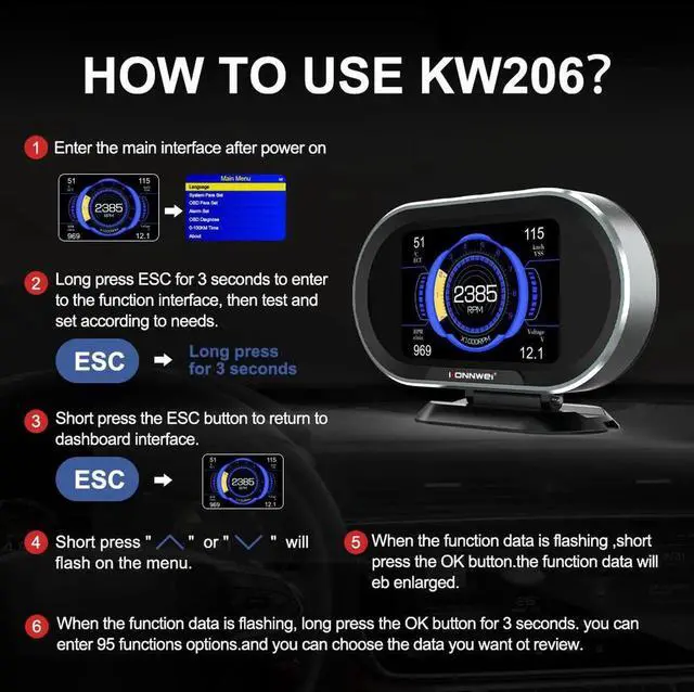 Alt view image 2 of 7 - KW206 OBD2 Windshield HUD Head Up Display with Digital Speed OBD ii Scanner Speed Engine Coolant Temperature Fuel Consumption Digital Speedometer Mileage Overspeed Voltage Faulty Code Alarms