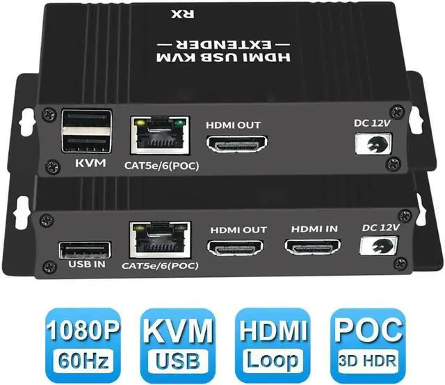 Main image of HDMI KVM USB Extender 1080P Over Cat5e/6 Ethernet Cable 60m (196ft) for Mouse and Keyboard Control Remote Signals
