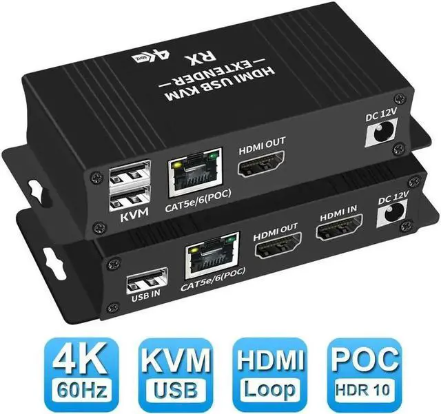 Main image of USB KVM and HDMI Over Cat5/Cat5e/Cat6 Extender 196ft Extension, 1080p HDMI Video, 2X USB Keyboard/Mouse, Near Zero Latency, HDMI Loopout, ESD Protection, Transmitter and Receiver