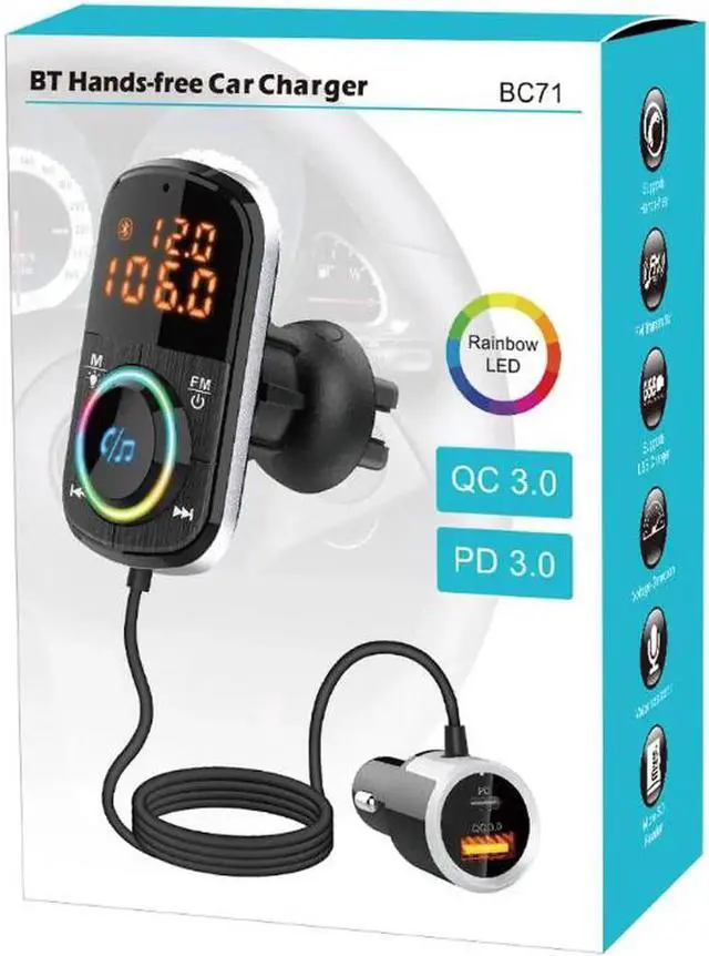 Main image of BC71 Bluetooth 5.0 FM Transmitter for Car, Wireless Bluetooth FM Radio Adapter Bass Sound Music Player FM Car Kit with LED Backlit Hands-free Calling and QC3.0/18W+USB-C Charger USB Ports