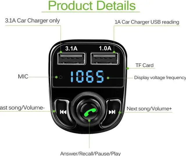 Alt view image 5 of 7 - USB 4.1A Car Fast Charger Bluetooth Car Kit Transmissor FM MP3 Player Com LED Display Micro SD TF Music Playing