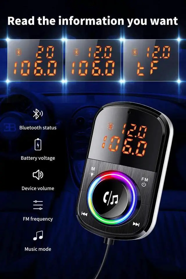 Alt view image 5 of 7 - Wireless In-Car Bluetooth FM Transmitter Radio Adapter Car Kit with LED Backlit Supports Dual Screen LED Display TF Card and QC3.0/18W+USB-C Car Charger for All Smartphones Audio Players