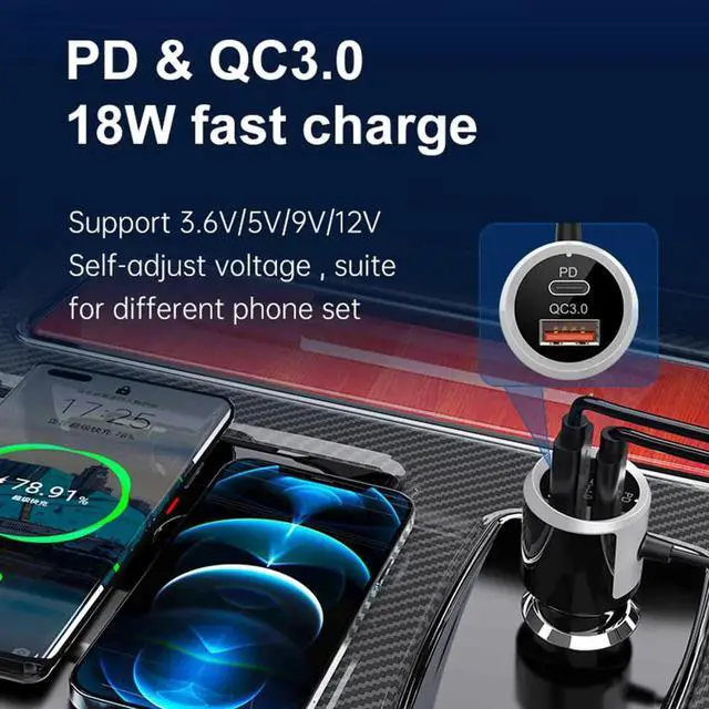 Alt view image 4 of 7 - Bluetooth FM Transmitter for Car, With LED Backlit and QC3.0/18W Quick Charger Wireless Bluetooth Car FM Radio Adapter, MP3 Music Player, Hands-Free Calls with USB3.0 Port+USB-C, TF Card