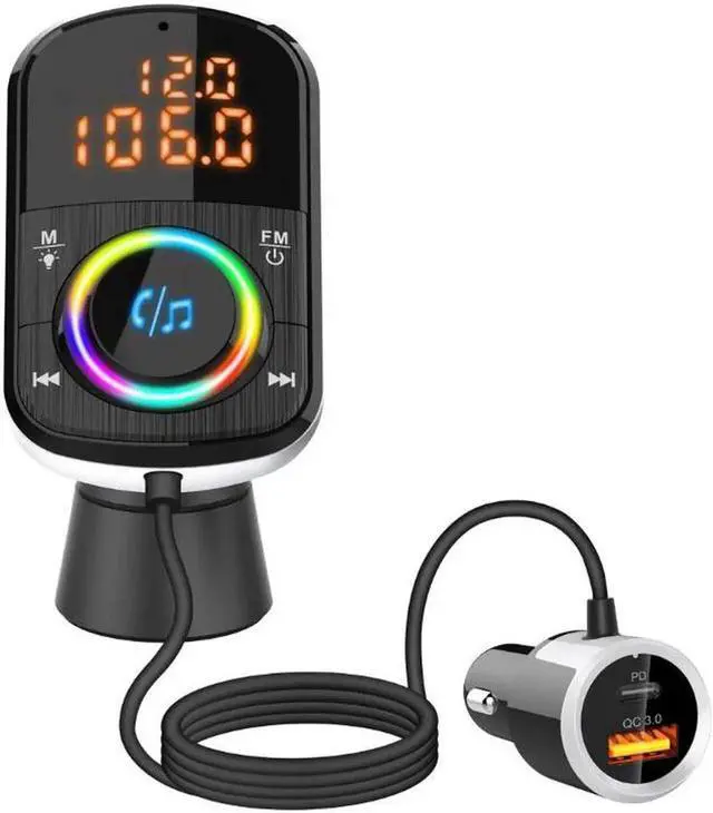 Main image of Bluetooth FM Transmitter for Car, With LED Backlit and QC3.0/18W Quick Charger Wireless Bluetooth Car FM Radio Adapter, MP3 Music Player, Hands-Free Calls with USB3.0 Port+USB-C, TF Card