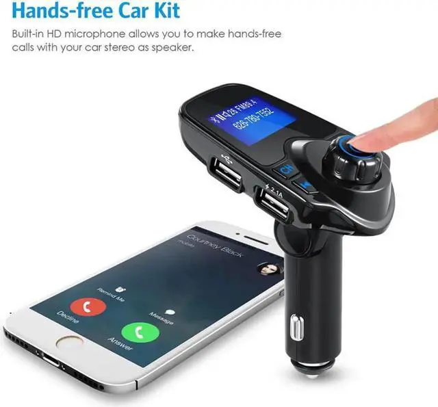 Alt view image 6 of 7 - Bluetooth FM Transmitter for Car, Wireless Radio Transmitter Adapter with Power Off Function, Hands-Free Car Kit Charger, 1.44'' LCD Diaplay, Music Player, 2 USB Ports, AUX In/Out, TF Card