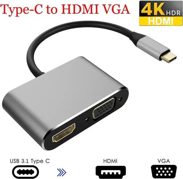 Main image of USB-C to HDMI VGA Adapter, 2 in 1 USB 3.1 Type C to VGA HDMI 4K UHD Converter Adaptor Thunderbolt 3 Compatible Dual Screen Display with Aluminium Compatible 2019/2018 MacBook, Gray