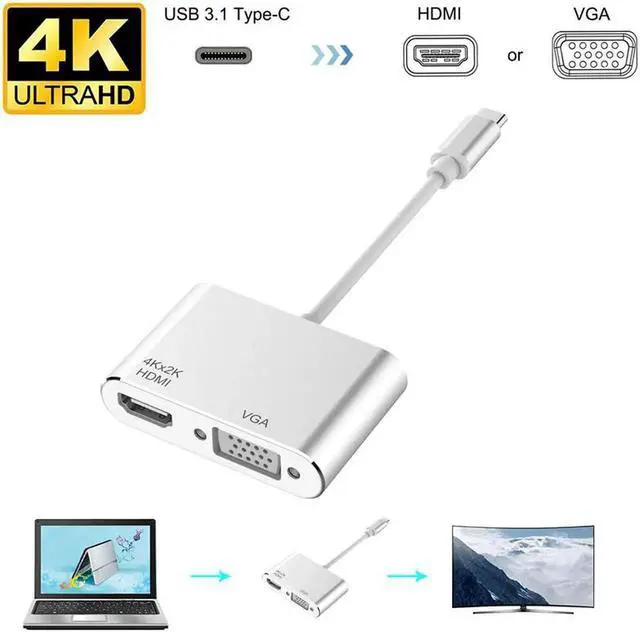 Main image of USB-C to HDMI VGA Adapter, 2 in 1 USB 3.1 Type C to VGA HDMI 4K UHD Converter Adaptor Thunderbolt 3 Compatible Dual Screen Display with Aluminium Compatible 2019/2018 MacBook, Silver