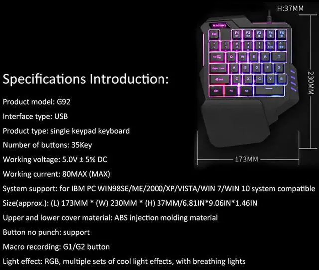 Alt view image 5 of 6 - One-handed Keyboard Game Artifact Left Hand With Support Game Backlit Keypad For Game LOL/Dota/OW/PUBG/Fortnite