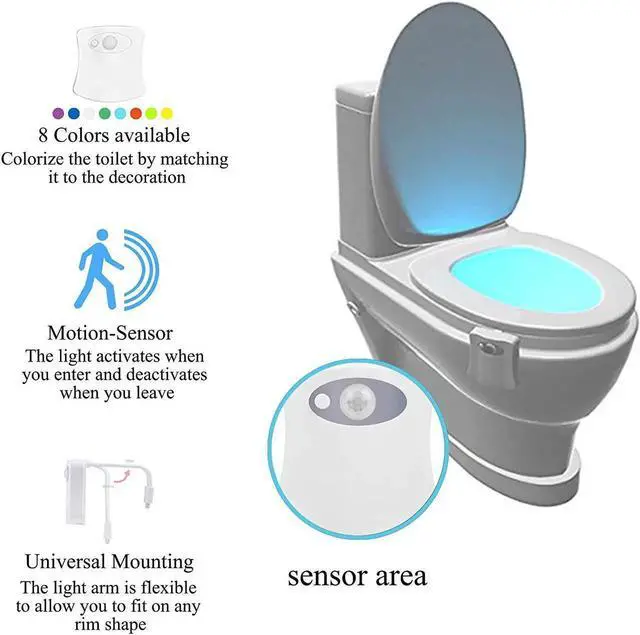 Alt view image 5 of 7 - Motion Sensor Toilet Light, Body Auto Motion Activated LED Toilet Seat Bowl Night Light Lamp 8-Color Changing Tolit lights (2 Pack)