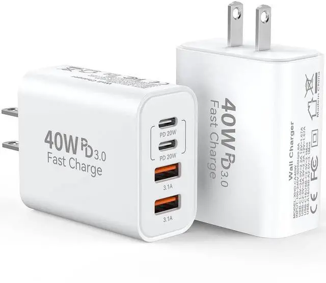 Main image of USB C Fast Charger Block,40W 4Port iPhone 17 Type C Charger Fast Charging Block PD Power Adapter+QC3.0 USB A Wall Charger Plug Type C Brick for iPhone 17/16/15/14/13Pro Max/iPhone Samsung,2Pack