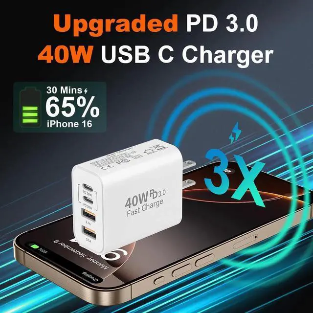 Alt view image 2 of 6 - USB C Fast Charger Block,40W 4Port iPhone 17 Type C Charger Fast Charging Block PD Power Adapter+QC3.0 USB A Wall Charger Plug Type C Brick for iPhone 17/16/15/14/13Pro Max/iPhone Samsung,2Pack