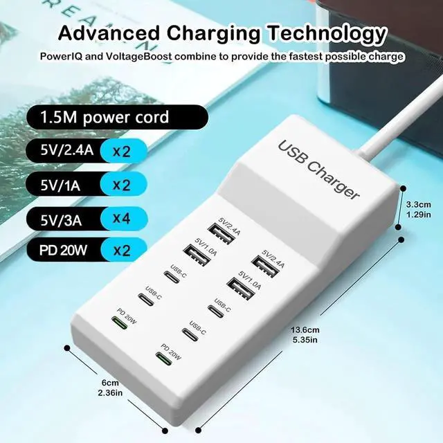 Alt view image 3 of 7 - JAENFONG USB C Charging Station, 10 Ports USB C Charger Dock Desktop 100W Multi Port with PD Fast Charger, Compatible with iPhone 15/14/13/12/11/Pro/Pro Max/Samsung S23/S22/S21/Tablet/Watch/Headphones