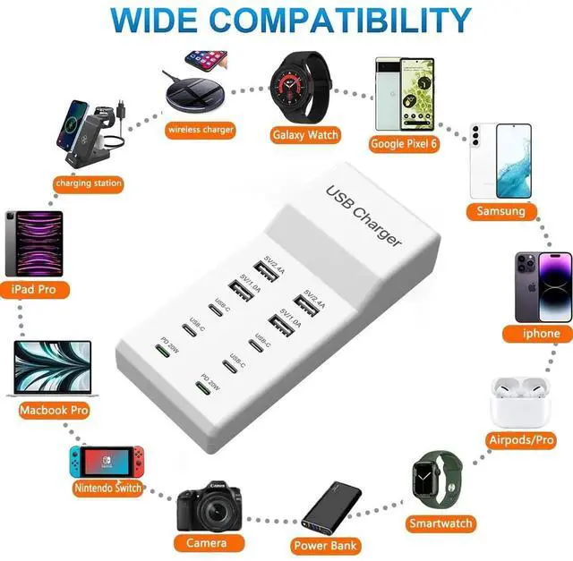 Alt view image 7 of 7 - JAENFONG USB C Charging Station, 10 Ports USB C Charger Dock Desktop 100W Multi Port with PD Fast Charger, Compatible with iPhone 15/14/13/12/11/Pro/Pro Max/Samsung S23/S22/S21/Tablet/Watch/Headphones
