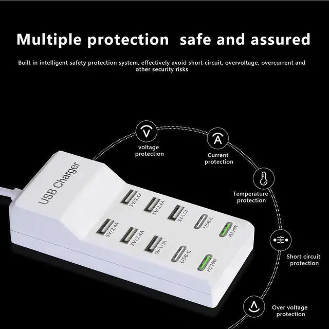 Alt view image 2 of 7 - USB Charger,100W USB Charging Station with 10-Port(6 USB-A Port&2 USB-C Port&2 PD20W) Compatible with iPhone 15/14/13/13pro Max 12/12 Mini/12Pro/12 Pro Max/11,Tablets, Smartphones White