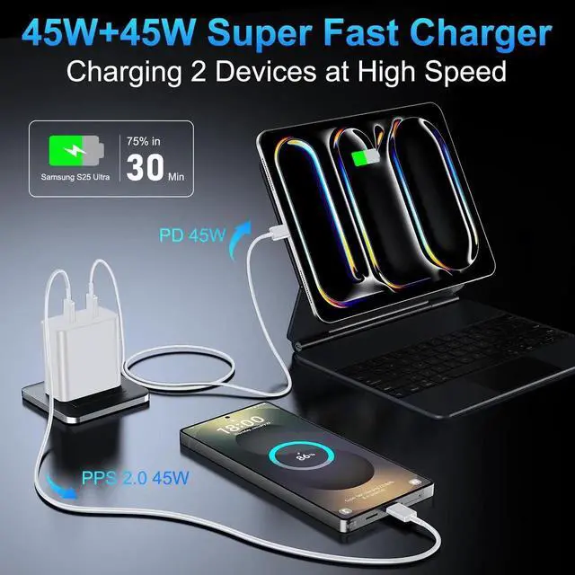 Alt view image 5 of 7 - 45W USB-C Super Fast Charger with 10FT USB C Cable for iPhone 17 16 15 Pro Max/17 16 15 Pro/17 16 15/Air,16 15 Plus,Samsung Galaxy S25 Ultra/S25+/S25/S24/S23 Ultra/S23+/S22 Ultra/S22+/S20 Ultra