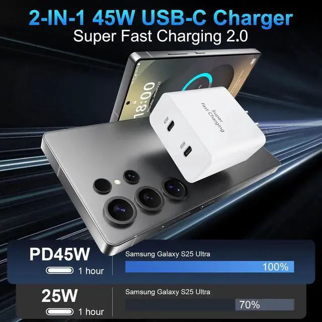Alt view image 4 of 7 - 45W USB-C Super Fast Charger with 10FT USB C Cable for iPhone 17 16 15 Pro Max/17 16 15 Pro/17 16 15/Air,16 15 Plus,Samsung Galaxy S25 Ultra/S25+/S25/S24/S23 Ultra/S23+/S22 Ultra/S22+/S20 Ultra