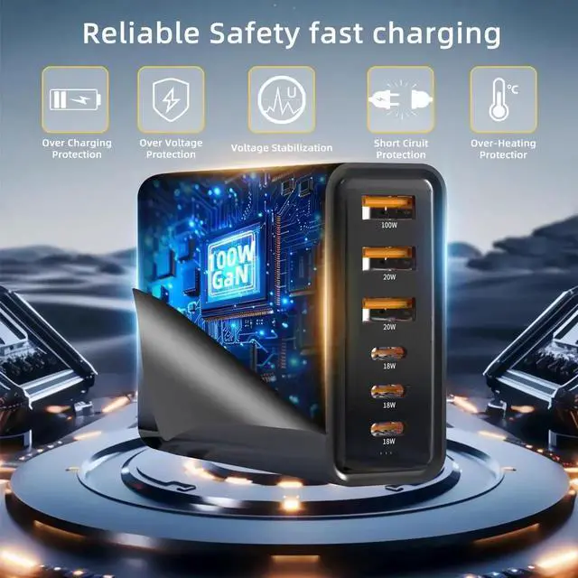 Alt view image 5 of 5 - Black USB Fast Charger, 100W GaN 6-Port (3C + 3A) Square Charging Station, Compatible with Laptops, Mobile Phones, Tablets, and Other Devices