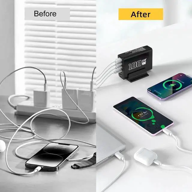 Alt view image 4 of 5 - Black USB Fast Charger, 100W GaN 6-Port (3C + 3A) Square Charging Station, Compatible with Laptops, Mobile Phones, Tablets, and Other Devices